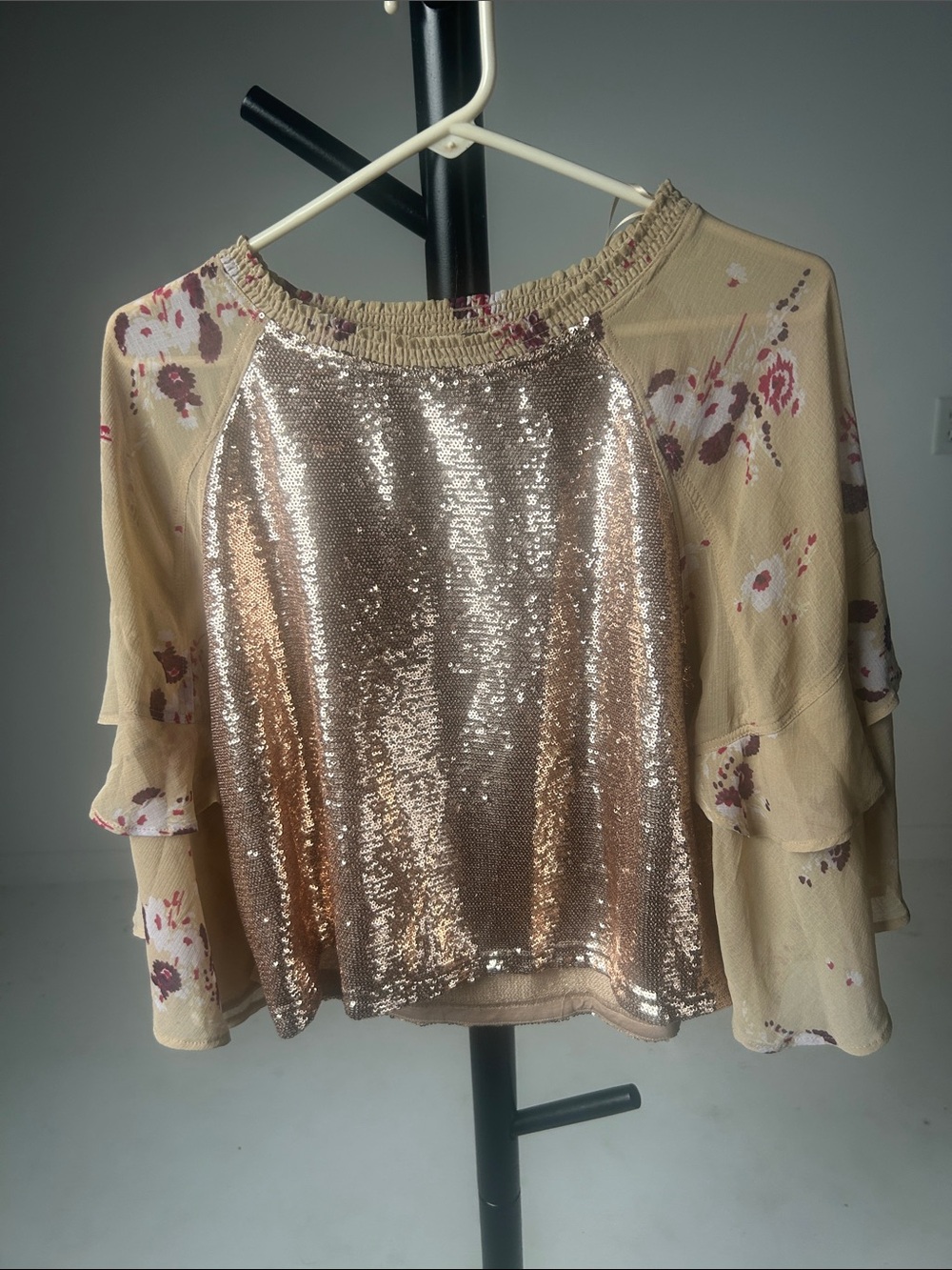 Free People Rose Gold Sequin Front Floral Raglan Top